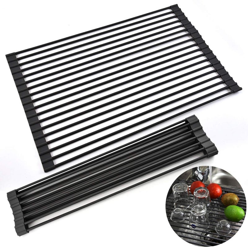 Ahyuan Large Roll up Dish Drying Rack Foldable Dish Rack Over Sink Dish Drainer Roll-up Sink Drying Rack Full Silicone Coated Stainless Still Dish Drying Rack (Matte Black, 17.7''X13.13'') - Image 4